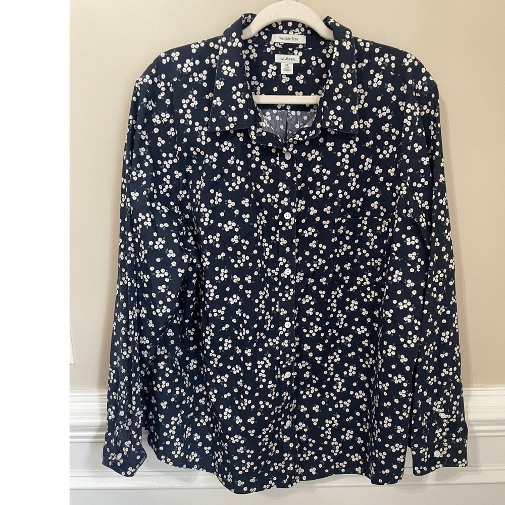 LL Bean Wrinkle Free Cotton Button Down Shirt Navy Blue Daisy Print Size 3X